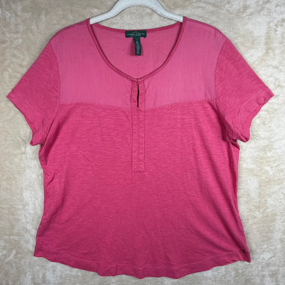 Lauren Ralph Lauren Pink Mixed Media Slub Knit Top XL Short Sleeve‎ Split Neck
